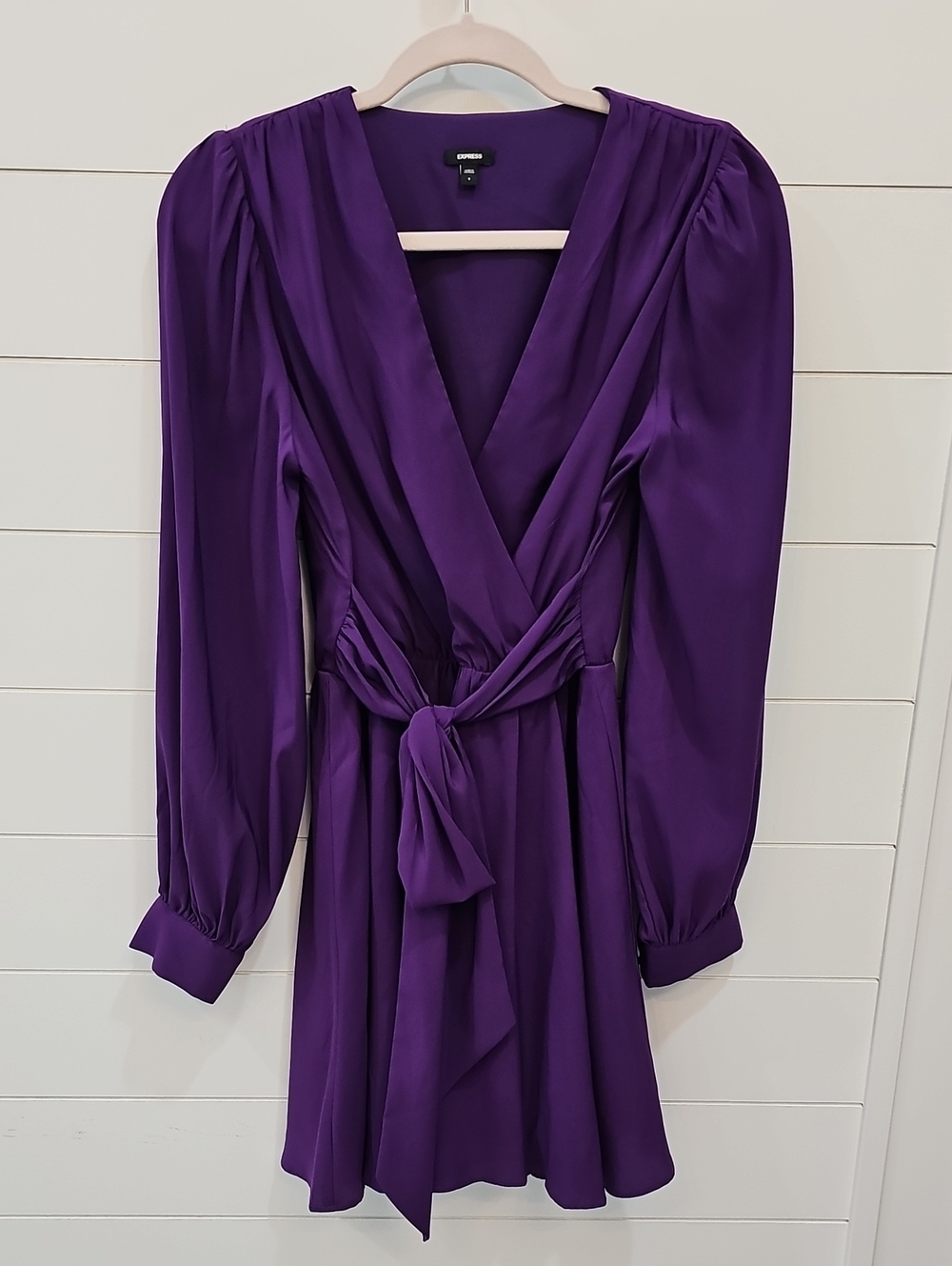Express Deep Purple Long-Sleeve Wrap Mini Dress with Waist Tie